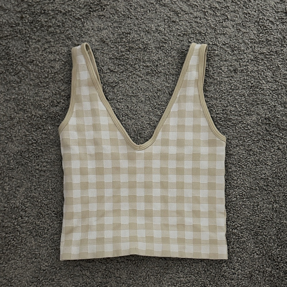 Beige Gingham V-Neck Tank Top